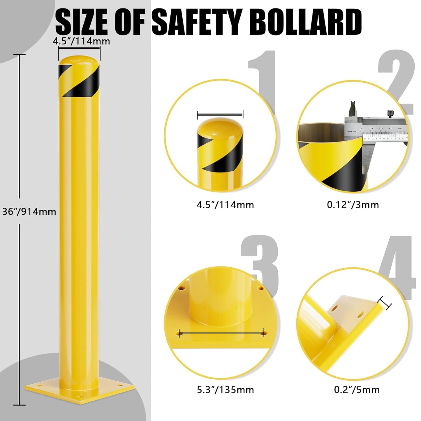 Safety Bollard Post, 36 Inch Height Steel Bollards, 4.5 Inch Diameter Parking Bollard, Yellow Powder Coated Safety Parking Barrier Post, for Traffic Sensitive Areas,8P