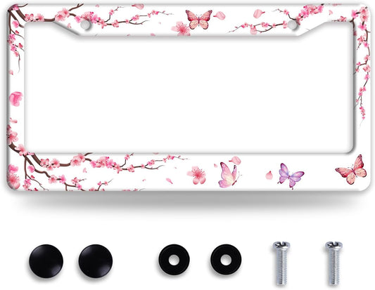 Pink Cherry Blossom Butterfly License Plate Frame Beautiful Flowers License Plate Holder Funny Stainless Steel Accessories Cars Decor With 2 Holes And Screws Fits Standard Us Ca Vehicles 12.2 X 6 Inch