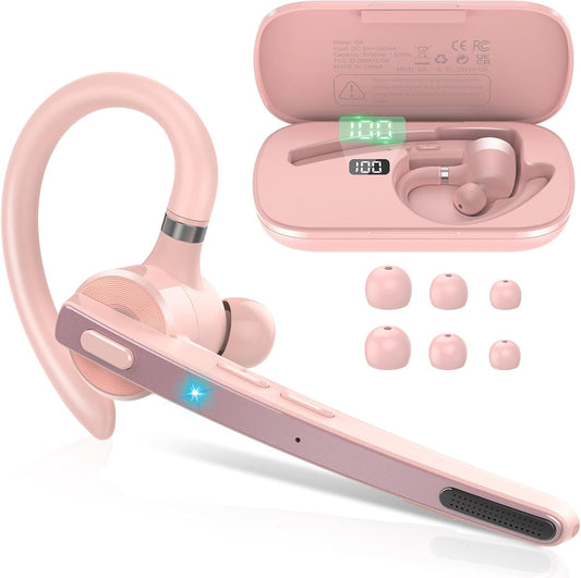 Bluetooth Headset, Wireless Bluetooth 5.3 Earpiece, 90Hrs Hands Free Headset with APTX HD Audio & Mute Button, Dual Noise Cancelling Mics, Single-Ear Headphone for Trucker/Business/Gym/Pink