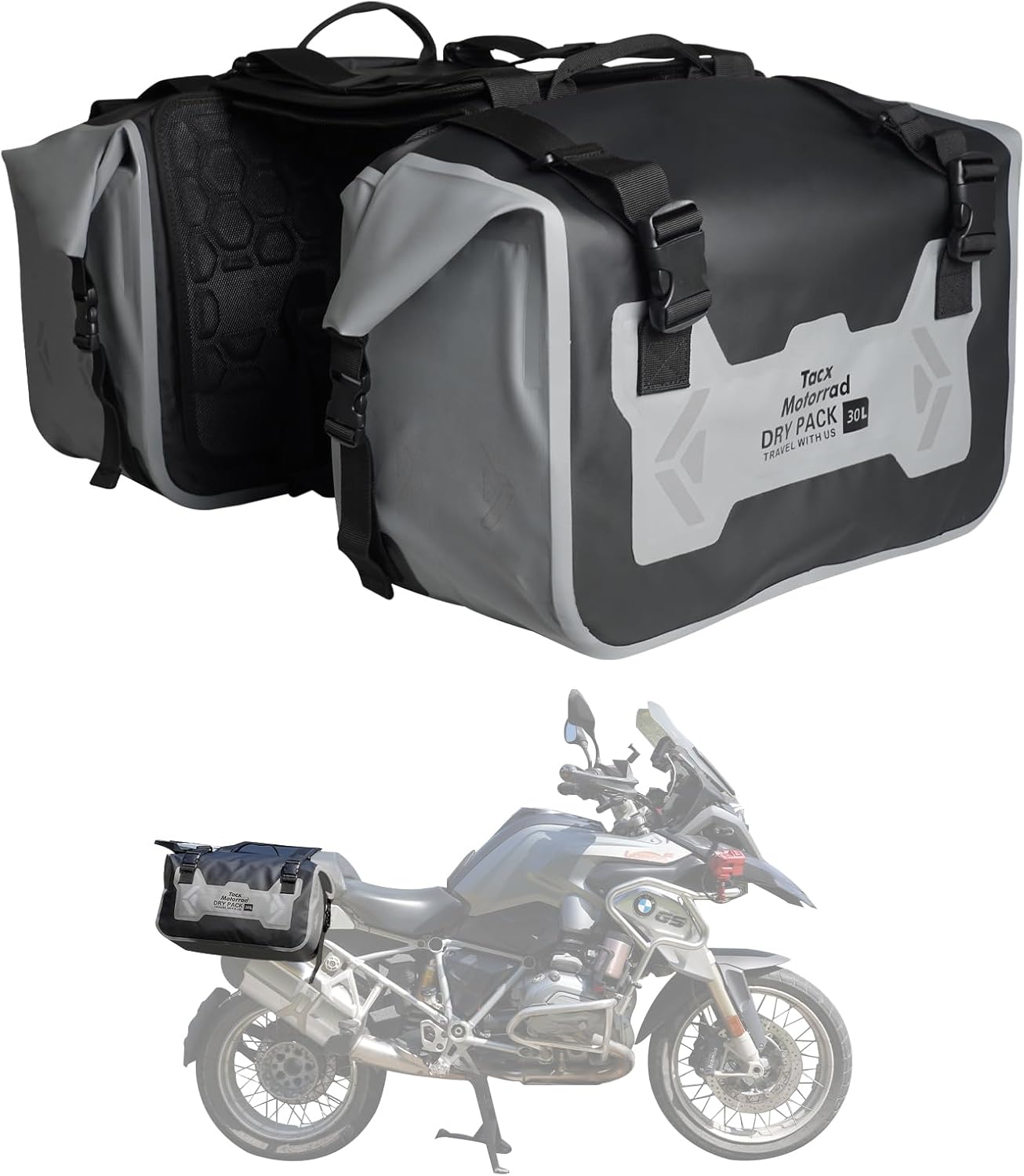 Motorcycle Saddle Bags Tail Bag, 30L Roll-top Waterproof Motor Detachable Side Trunk Bag, Motor Panniers Luggage Bag for Motorcy