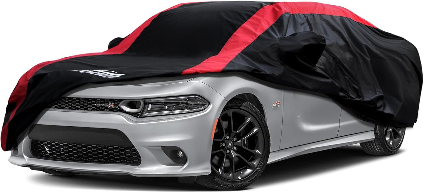 Dodge Charger Car Cover Waterproof All Weather with Red Strip Design, Custom Fit for Dodge Charger 2006–2023, Charger Accessory with Door Zipper & Windproof Straps