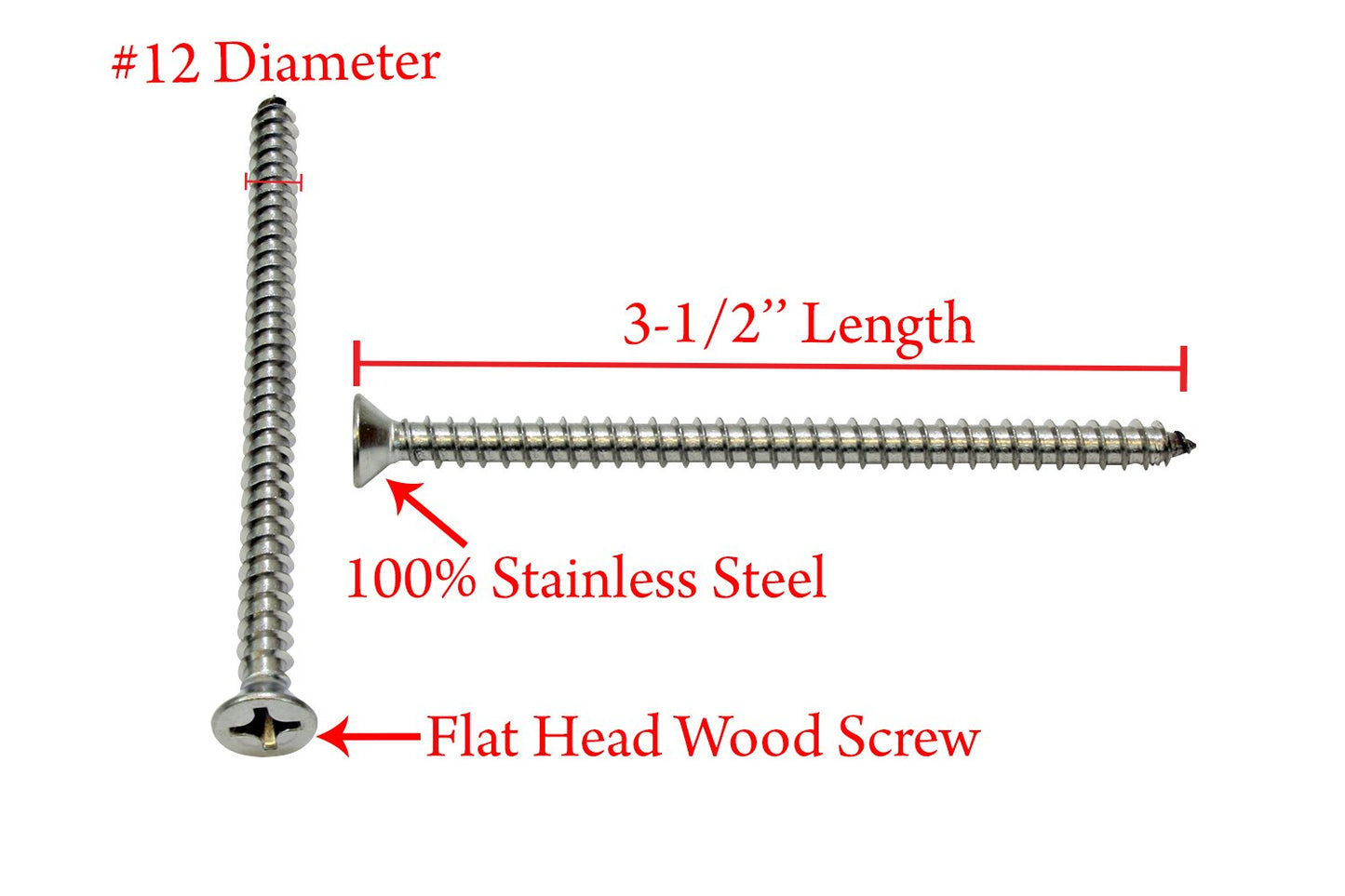Bolt Dropper #12 X 3-1/2'' Stainless Steel Flat Head Phillips Wood Screw, (25 pc), 18-8 (304) Stainless Steel Sheet Metal Screws - Type A Point, Plain Finish