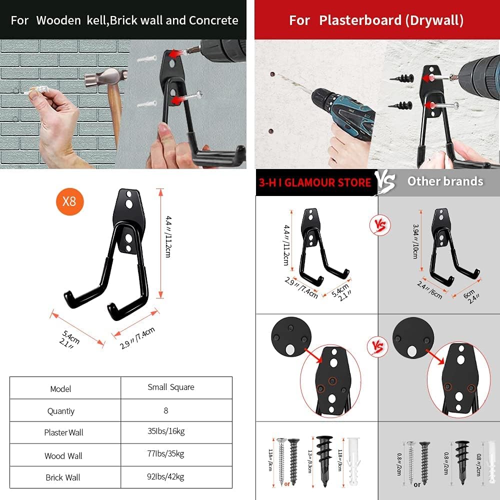 3-H Heavy Duty Garage Hooks [8 Pack] - 3-Round Welding Tech Holds 22lbs More - Thickened Steel Wall Mount for Ladders, Tools & Storage - Rustproof Utility Hardware