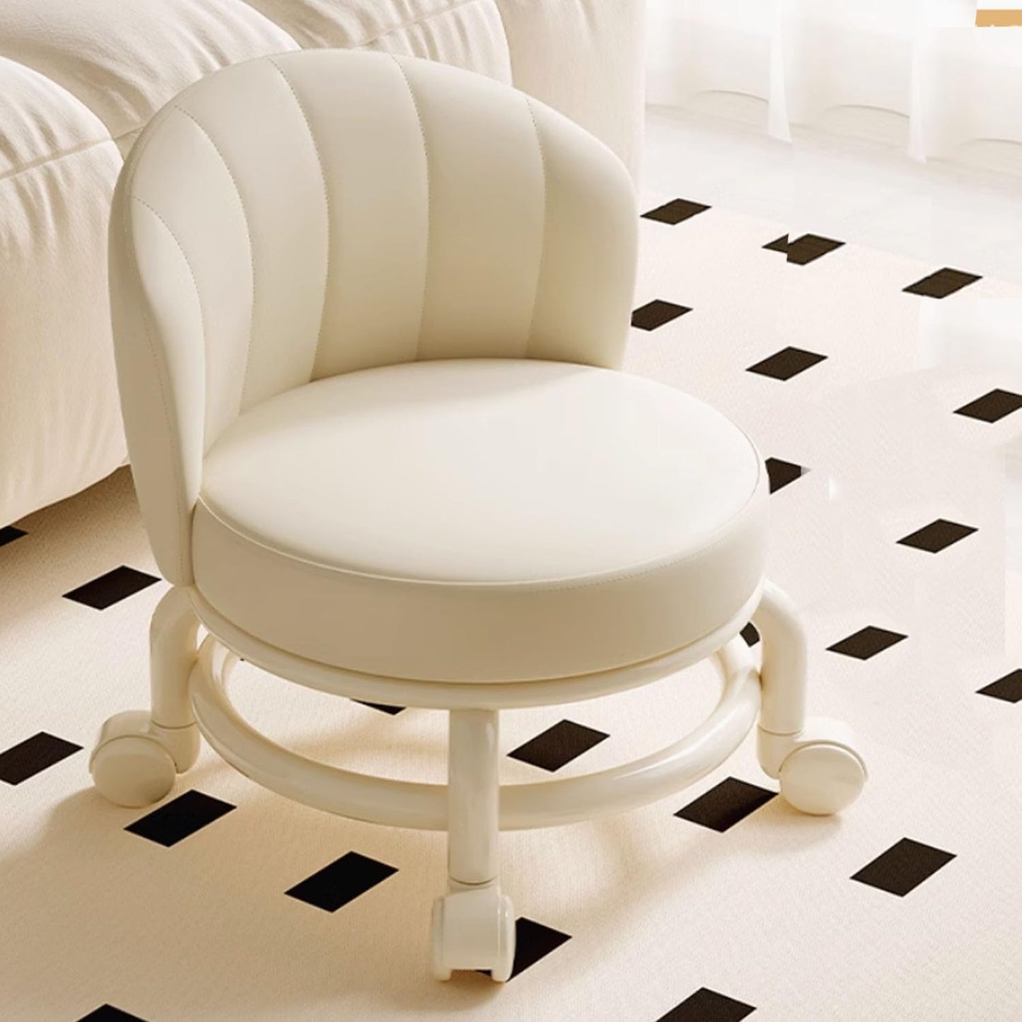 Low Rolling Stool with Backrest,Rolling Pedicure Seat,Low Stool with Wheels for Home, Office, Garage, Shop, Library (White)