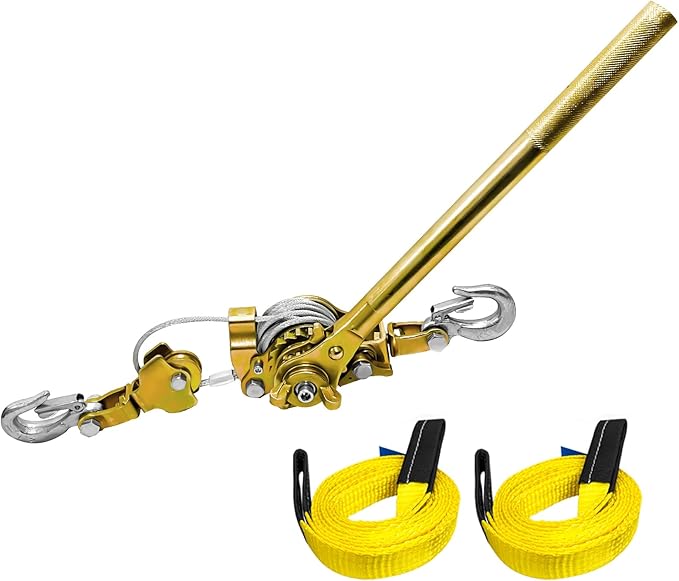 Come Along Winch 2 Ton Pulling Capacity with Two 1"x8ft Lifting Sling 6.56 ft Steel Cable 2 Hooks Hand Power Puller Tool with Dual Gears Automotive Hoist Cable Puller for Lifting Pulling