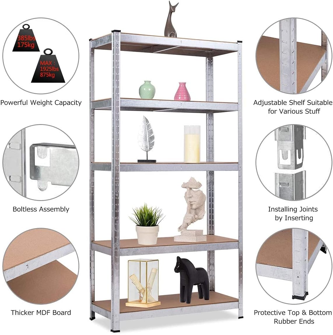 ERGOMASTER 5 Tiers Steel Shelves for Storage Heavy Duty Garage Organization Utility Shelf Rack for Books, Kitchenware and Tools Bolt-Free Assembly 72 x 16 x 72 inches (Set of 2,Silver)