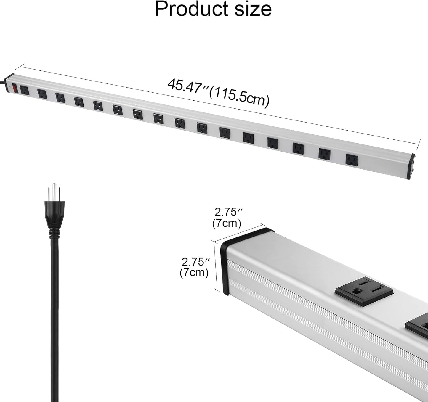 16 Outlet Plugs Heavy Duty Metal Power Strip, Aluminum Workshop Socket with 10 FT Long Cord and Power Switch. 15A, 125V, 1875W Silver