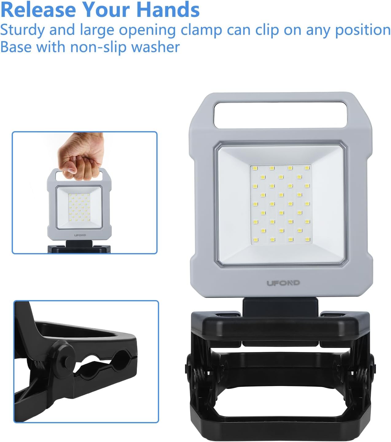 UFOND 2500LM LED Work Light Rechargeable,12h Portable Battery Worklight Cordless,6600mAh Waterproof Floodlight Brightness Adjustable,Outdoor Construction Clamp Light for Garage Camping Car Repairing