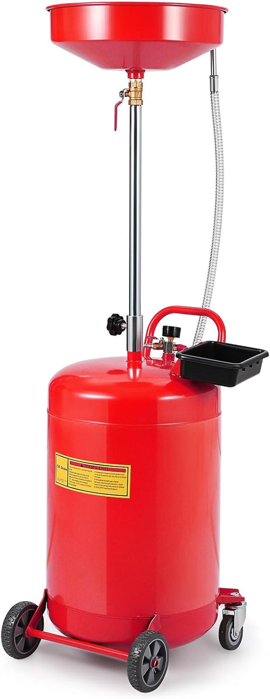 20 Gallon Waste Oil Drain Tank Portable Air Operated Oil Drainer with Adjustable Funnel Height 38-65 Inches 15 Inch Funnel Fluid Fuel Transfer Drain Container with 360 Degree Wheels and Toolbox Red
