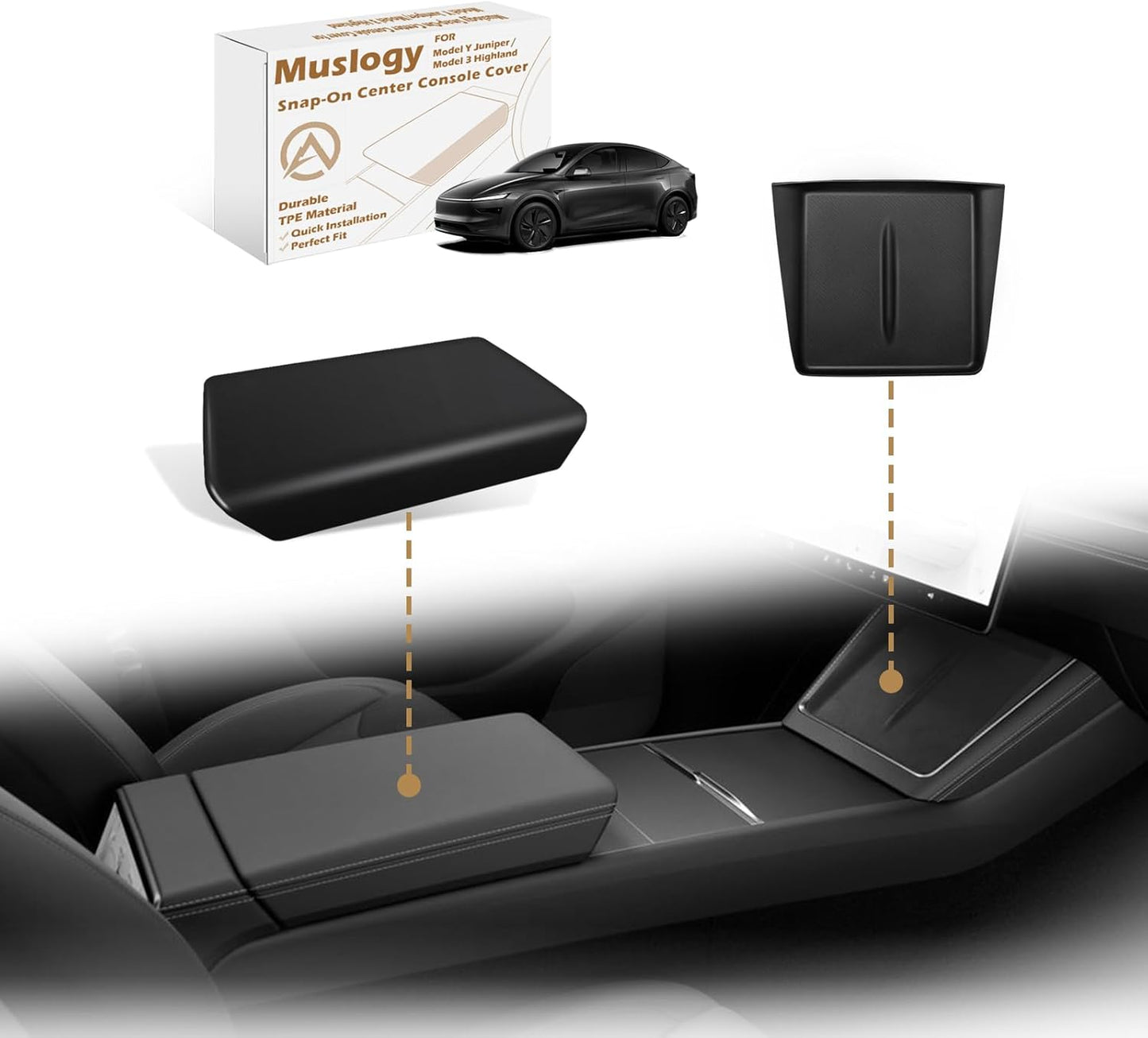 Muslogy Compatible with 2026+ Model Y Juniper Refresh Accessories Armrest Cover Protection TPE (White) & Silicone Mat OEM Style 2PCS Set Non-Slip Waterproof