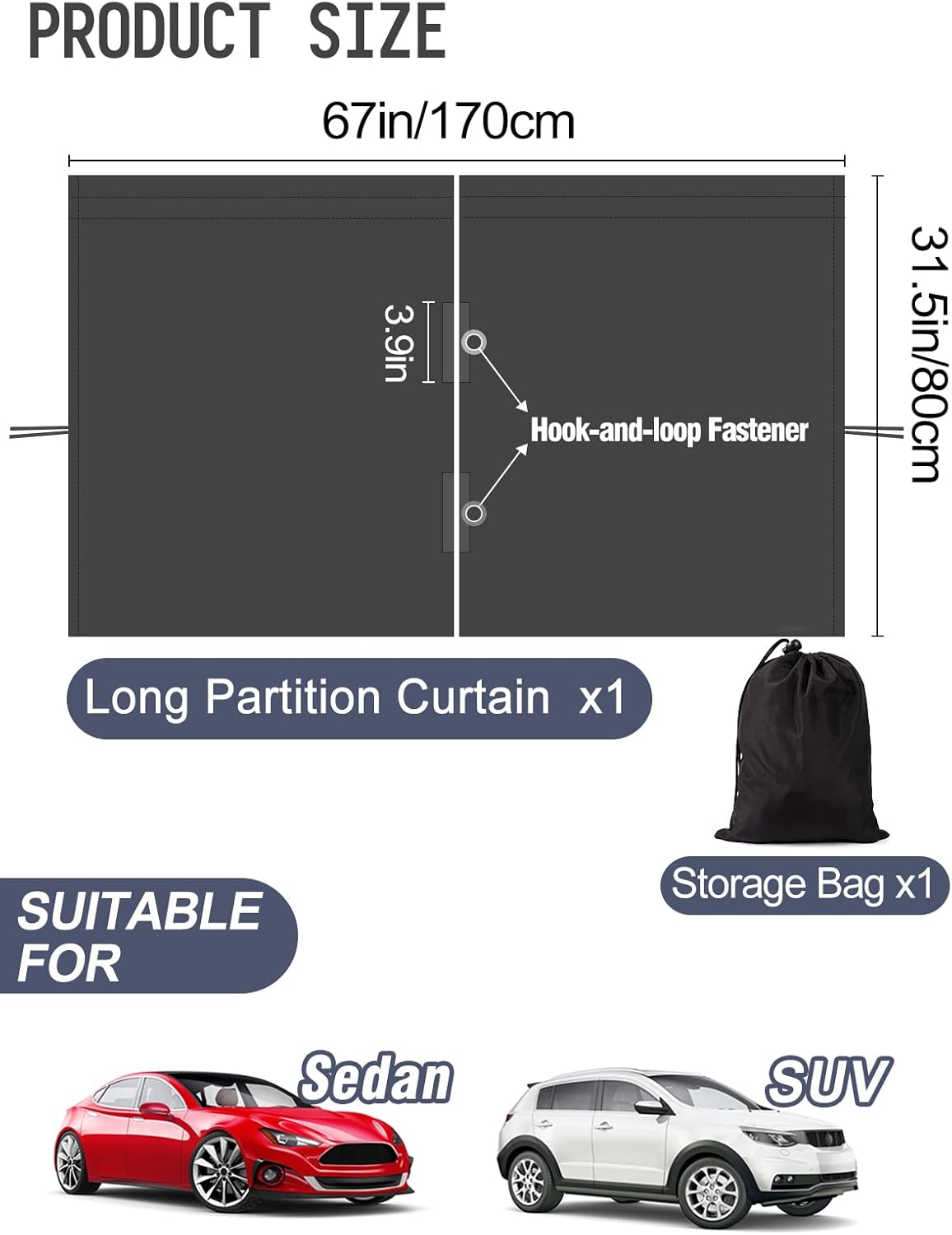 Car Divider Curtain - Wide Car Privacy Blackout Shades with Storage Bag for Baby Nap, Removable Sedan SUV Van Sunshade Covers Screen for Car Camping Sleeping Accessories