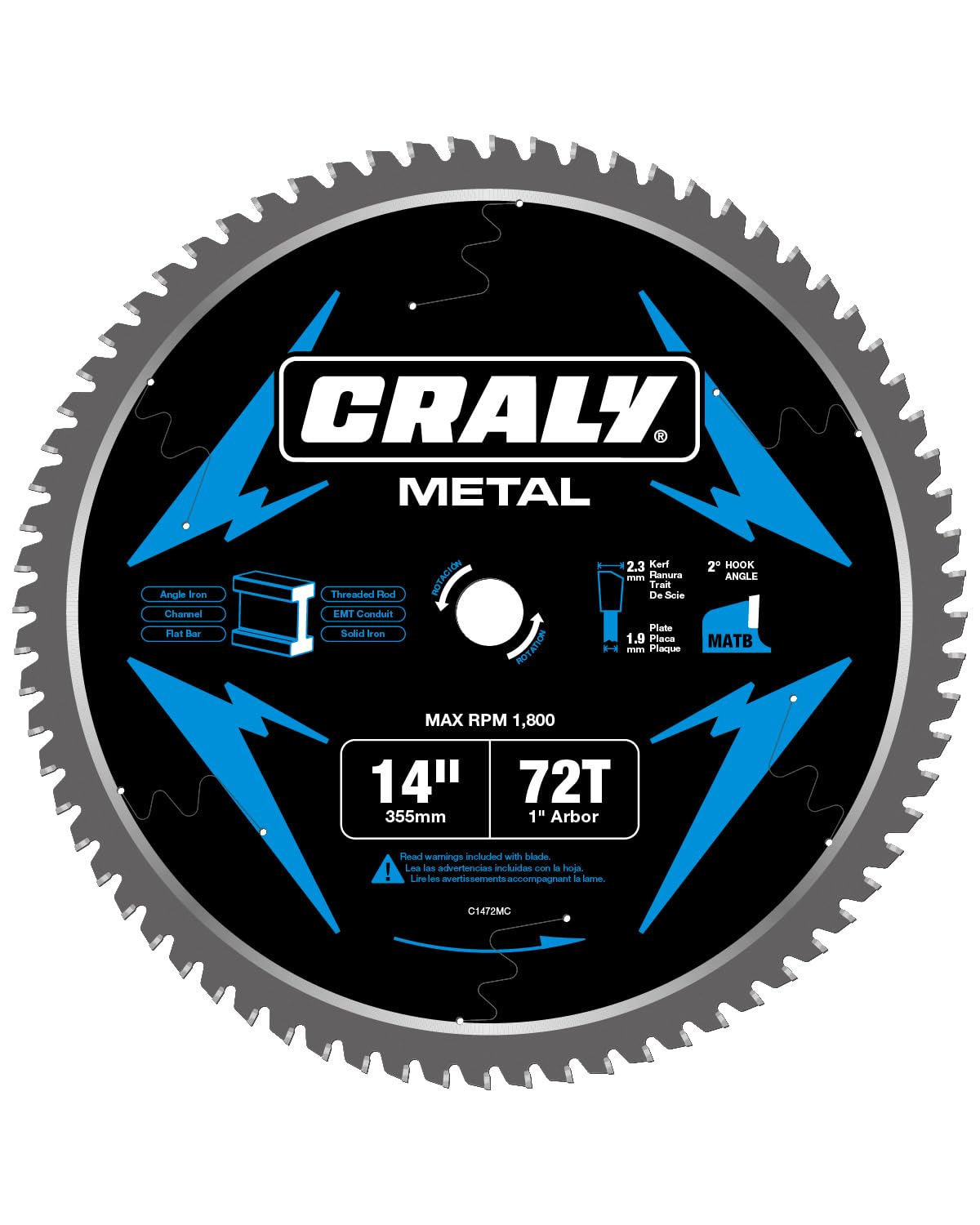 CRALY 14 Inch 72 Teeth Steel and Ferrous Metal Cutting Circular Saw Blade, 1 Inch Arbor, Thin Kerf, Professional Carbide Tipped Blade for Angle Iron, Threaded Rod, EMT Conduit(C1472MC)