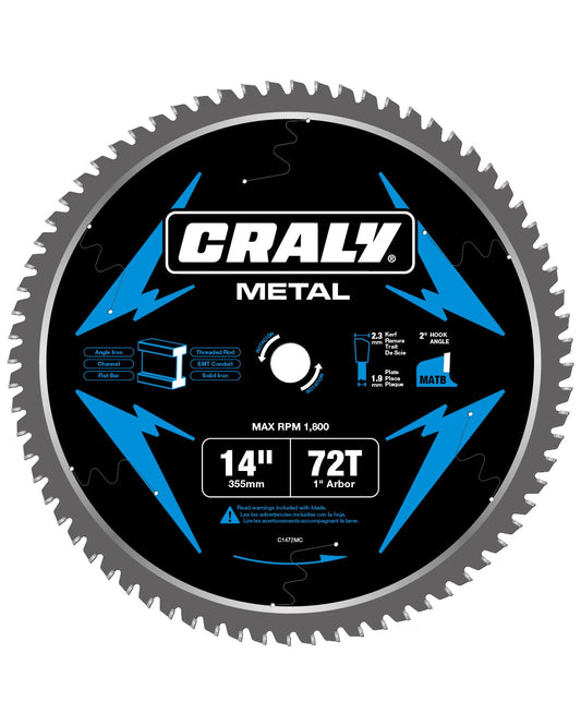 CRALY 14 Inch 72 Teeth Steel and Ferrous Metal Cutting Circular Saw Blade, 1 Inch Arbor, Thin Kerf, Professional Carbide Tipped Blade for Angle Iron, Threaded Rod, EMT Conduit(C1472MC)