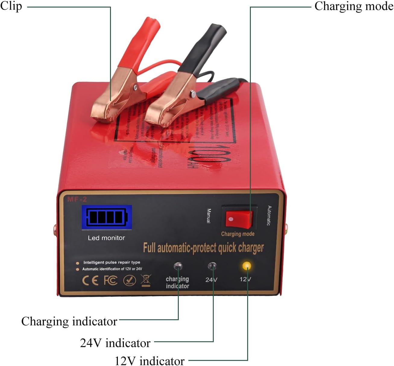 12/24V Battery Charger 10A/7.5A Smart Adjustable Car Battery Charger with Upgraded Cable Clamps, Smart Trickle Charger,Battery Maintainer for Car RV (red)