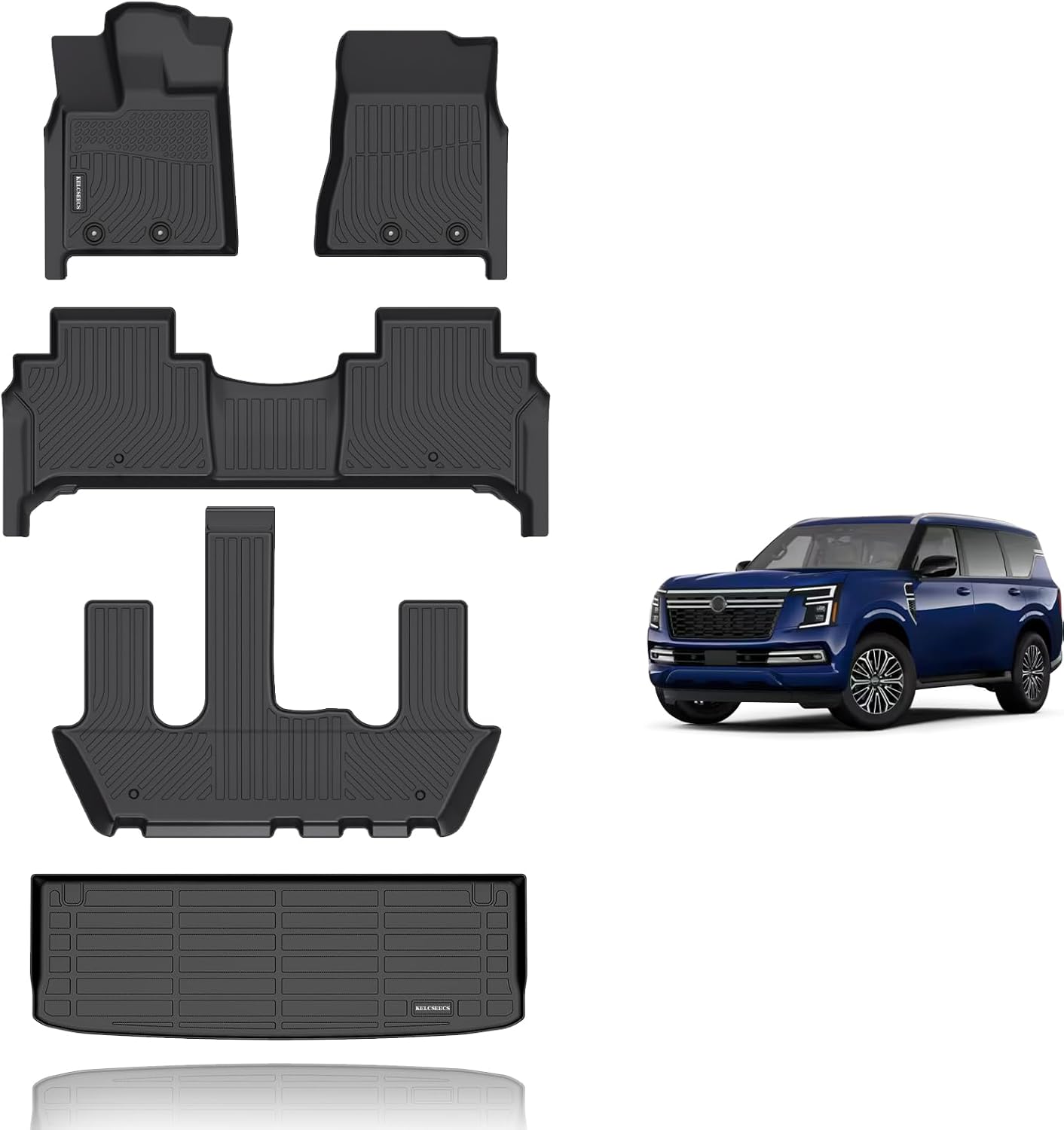 KELCSEECS® Floor Mats & Cargo Liner Custom for Nissan Armada/Infiniti QX80 2025 7 Seats (Bucket Seat)Waterproof All Weather Mats Guard Automotive Liners Front& Rear& 3rd Row Full Set Accessories Black