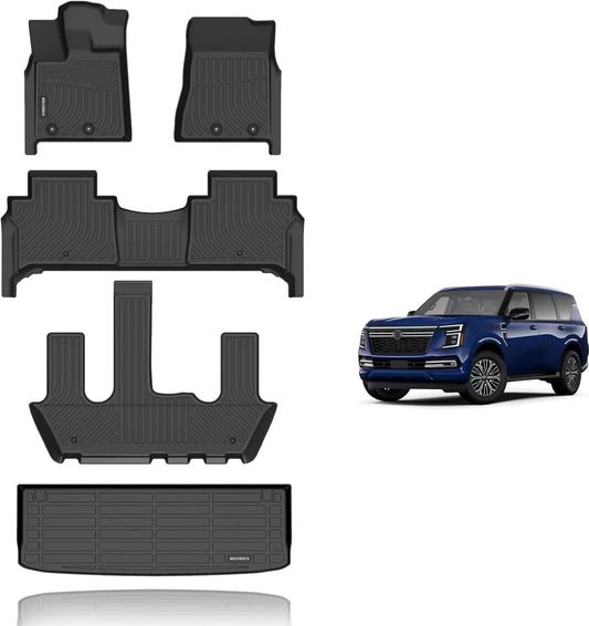 KELCSEECS® Floor Mats & Cargo Liner Custom for Nissan Armada/Infiniti QX80 2025 7 Seats (Bucket Seat)Waterproof All Weather Mats Guard Automotive Liners Front& Rear& 3rd Row Full Set Accessories Black