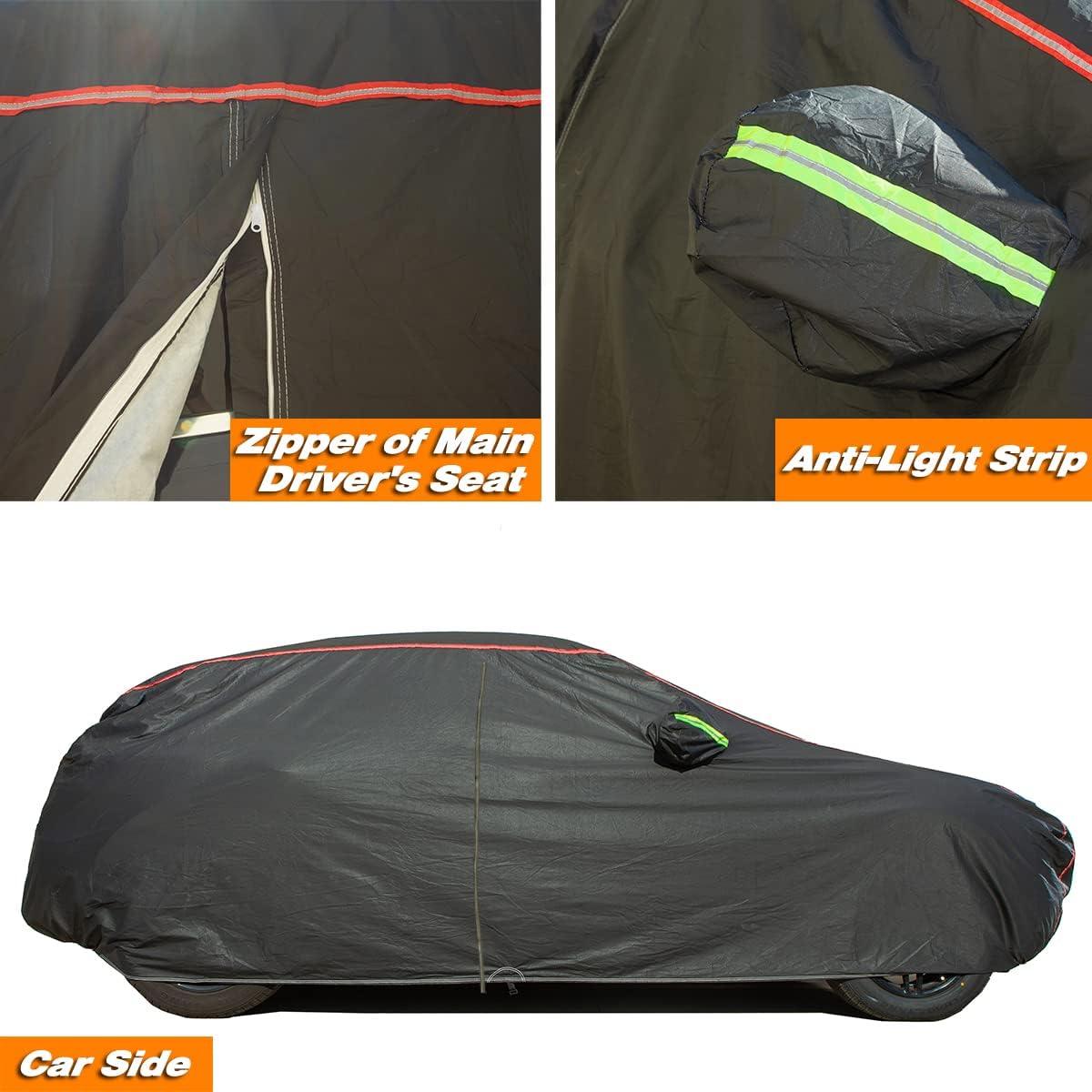AUQDD 6-Layers PEVA New Material Sedan SUV Full Padded Car Cover Waterproof All Weather Weatherproof UV Sun Protection Snow Dust Storm Resistant Outdoor Exterior Custom Form-Fit Straps 188"-198"Black