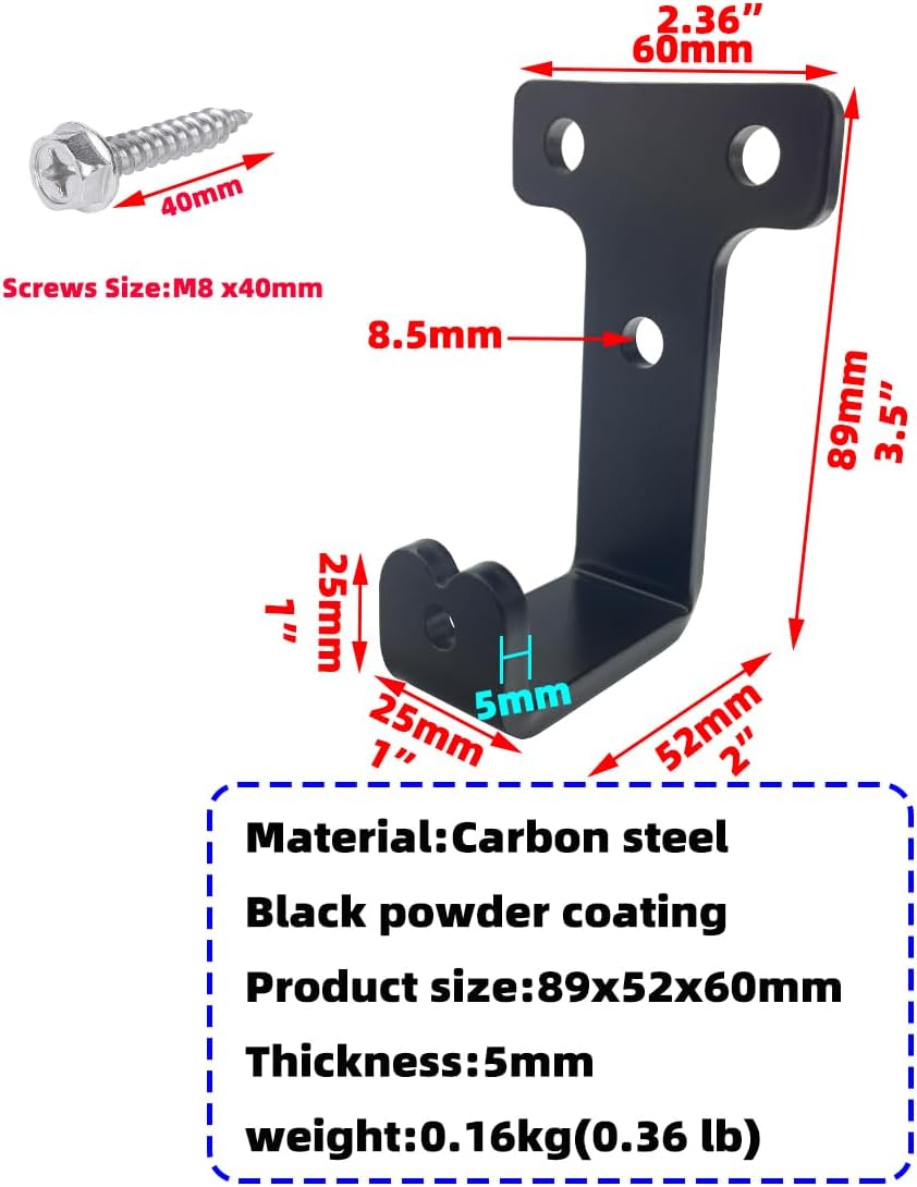 4 PCS black heavy duty metal flat j hooks for hanging 180 lbs,wall mount hooks,plant hanger large steel utility masonry industrial hook for Hanging Garage Storage Home Office Gym Sports Equipment(M)