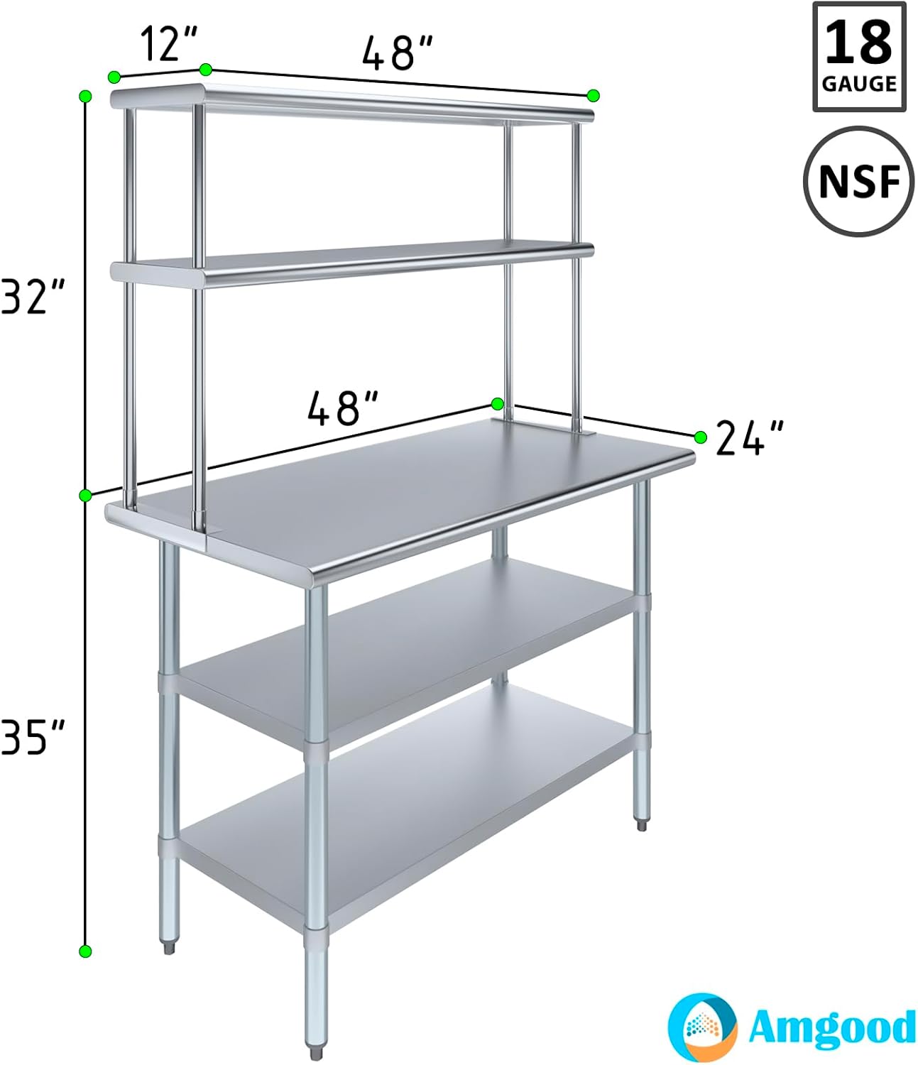Amgood Stainless Steel Work Table with 2 Shelves | Metal Kitchen Prep Table & Shelving Combo (24" x 48" Table with 2 Shelves + 12" Overshelf)
