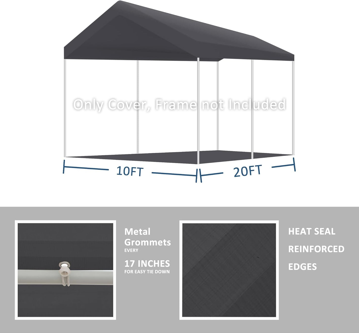 10' x 20' Upgraded Carport Replacement Canopy Cover Grey for Car Garage Shelter Party Tent Top Tarp with Ball Bungees (Only Top Cover, Frame is not Included)