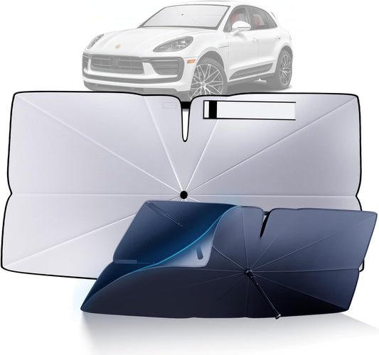 Windshield Sun Shade Umbrella Compatible with 2014-2024 Porsche Macan Accessories: Custom Fit 240T Silver, Double Thickened Foldable Sunshade Window Sun Visor, Ultimate 99% UV Blocking for S/GTS/Turbo