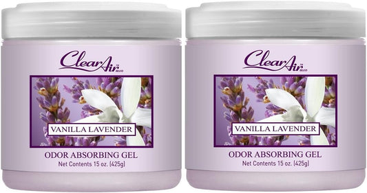 Clear Air Odor Absorber Gel - 15 oz, Pack of 2 - Air Freshener Absorbs and Eliminates Odors in Bathrooms, Cars, Boats, RVs and Pet Areas - Made with Essential Oils - Lavender Vanilla Scent