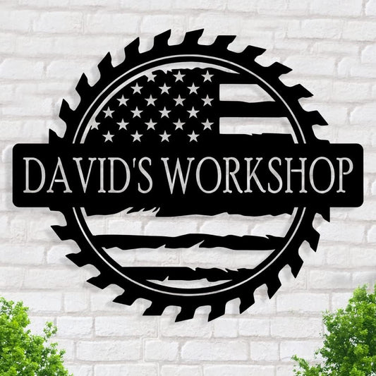 Custom American Flag Metal Shop Sign Gift for Dad, Garage, Car Plaque Wall Art, Dad's Workshop Sign, Custom Name for Men, Boyfriend, Fathers Day