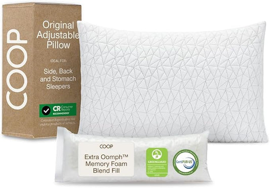 Coop Home Goods Original Adjustable Pillow, King Size Bed Pillows for Sleeping, Cross Cut Memory Foam Pillows - Medium Firm Back, Stomach and Side Sleeper Pillow, CertiPUR-US/GREENGUARD Gold