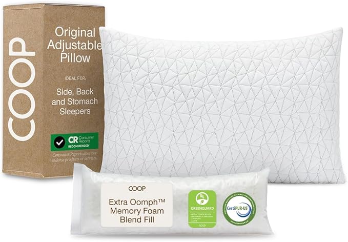 Coop Home Goods Original Adjustable Pillow, Queen Size Bed Pillows for Sleeping, Cross Cut Memory Foam Pillows - Medium Firm Back, Stomach and Side Sleeper Pillow, CertiPUR-US/GREENGUARD Gold