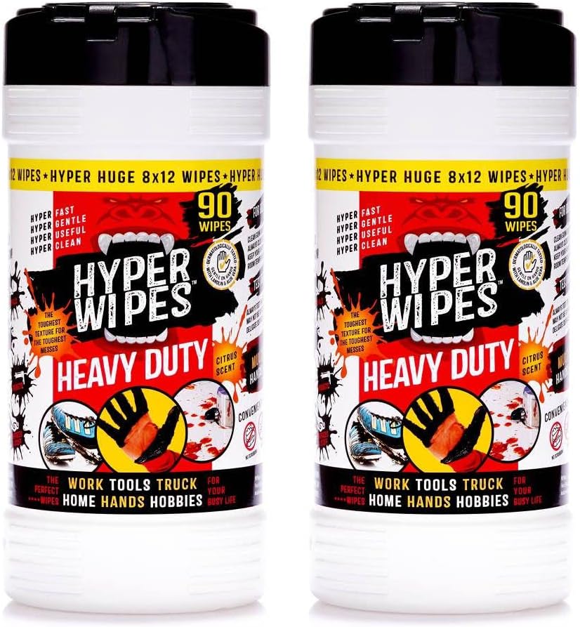 Hyper Wipes, 2 Pack Heavy Duty Hand & Tool Cleaning Wipes, 8"x12" Size Multi-Surface Cleaning Wipes, Degreasing, All Purpose Cleaner, Bathroom, Mechanic, Work Surface Wipes, 180 Count Canister