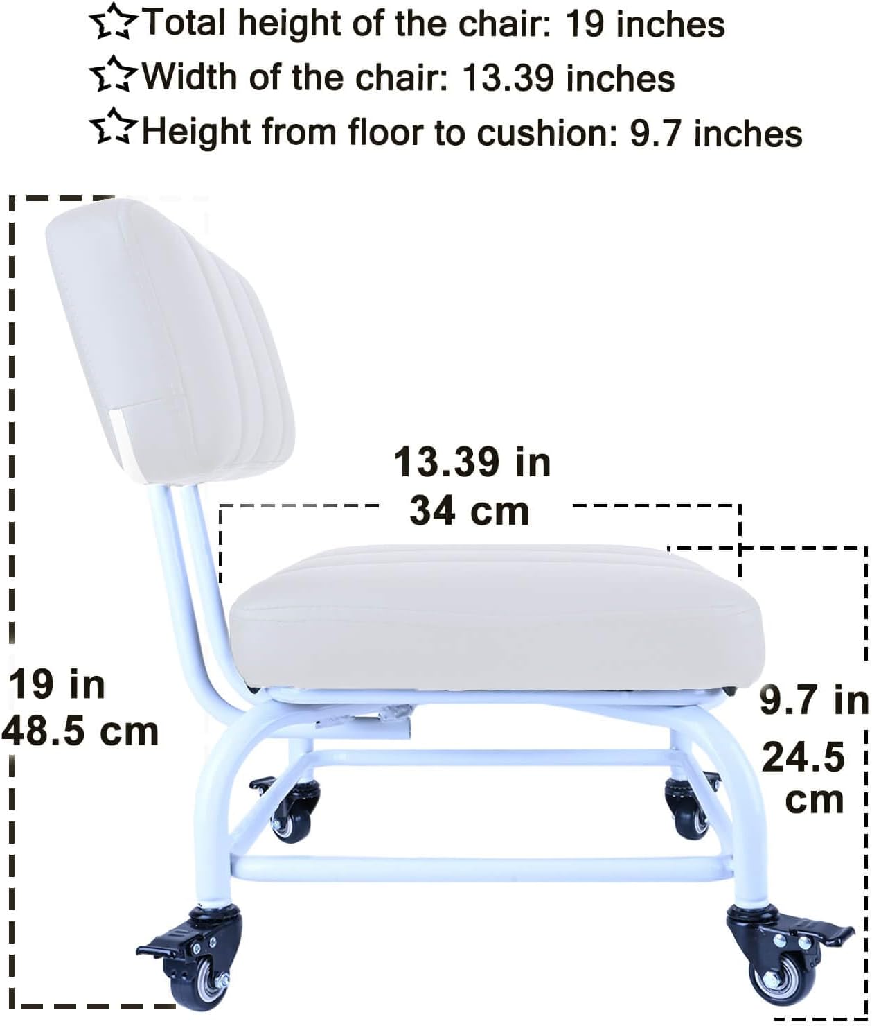Rolling Stool and 4 Wheels with Brakes Rolling Chair for Home Office Garage Shop Roller Seat Water-Proof High Density Cushion and Steel White