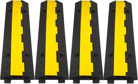 CXRCY Cable Ramp 4 Pack 2 Channel 11000lbs axle Capacity Floor Cable Cord Protector, Black & Yellow Speed Bumps Hose Protector Ramps for Wire/Hose/Pipe Hider Driveway &Outdoor 40x10x2 inch(L x W x H)