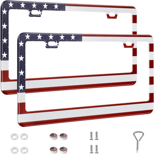 2 Pack License Plate Frames, Stainless Steel Car License Plate Cover Car Accessories with Screw Caps (Red and Blue)