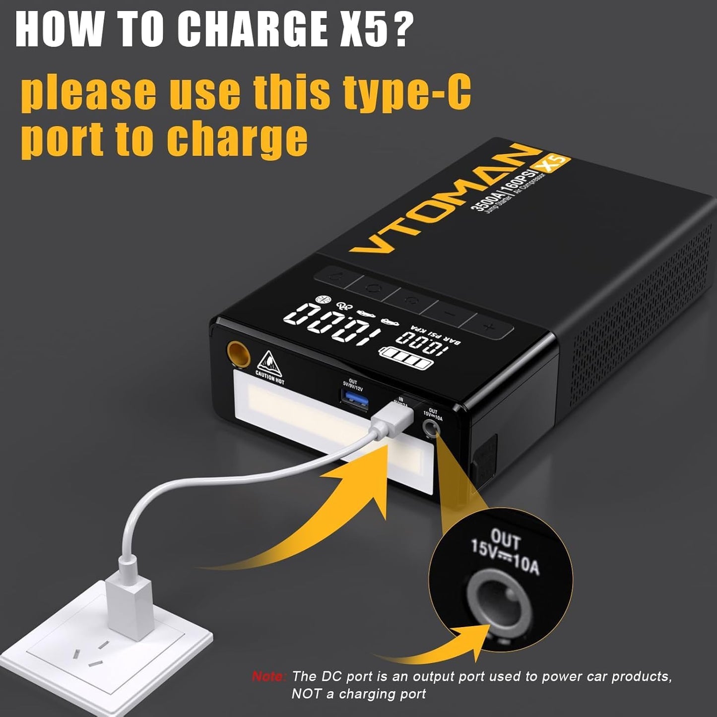 VTOMAN X5 Jump Starter with Air Compressor, 3500A Portable Car Battery Booster (Up to 9L Gas/8L Diesel Engines) with 160PSI Digital Tire Inflator, 12V Lithium Battery Jump box with Type-C Quick Charge