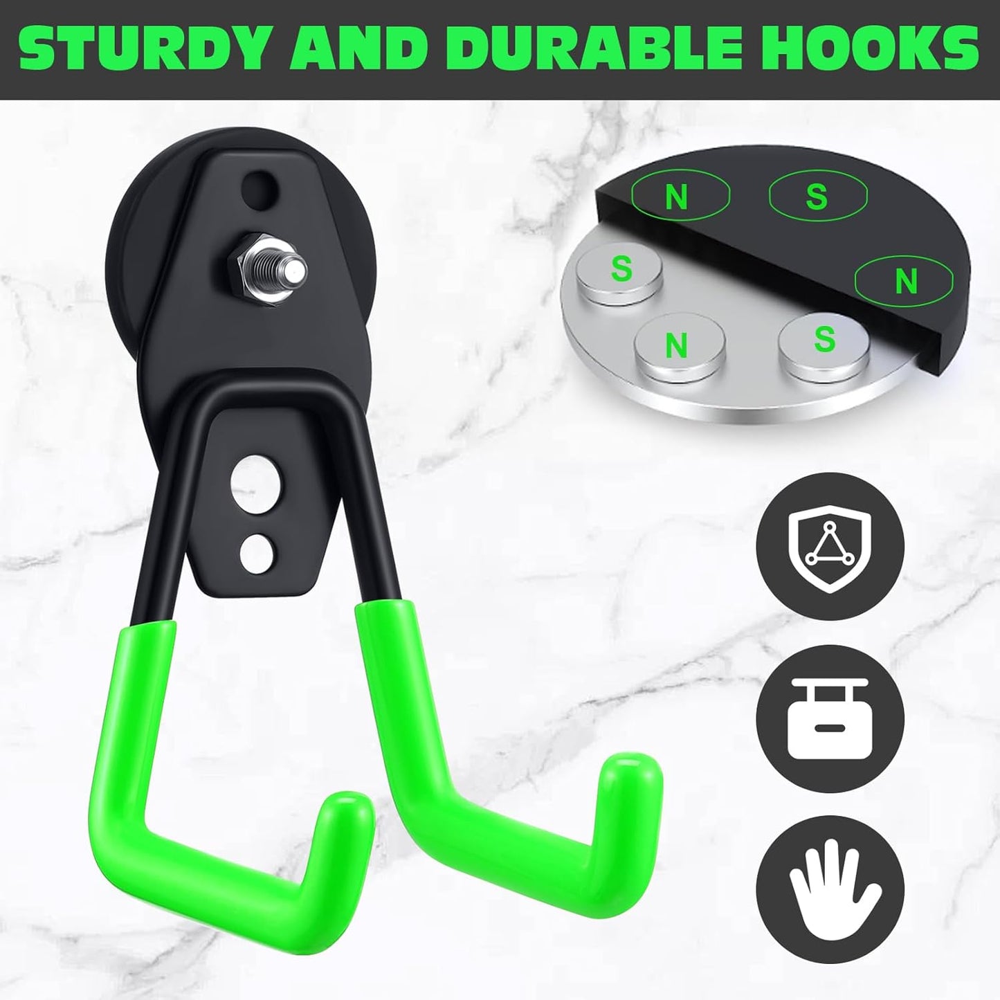 Landhoow Large Magnetic Hooks Heavy Duty Garage Magnet Hooks Strong Storage Utility Magnetic Hangers with Anti Slip Rubber Coating for Indoor and Outdoor Hanging(Green,10 Pcs)