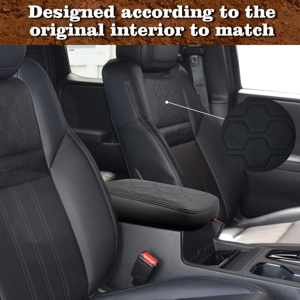 Muslogy for Frontier Center Console Pad Armrest Box Cover Vegan Leather Soft Accessories Armrest Lid Protector Compatible with Nissan Frontier 2022-2024 2025 (Regular Thick, V1 Black Stitching)