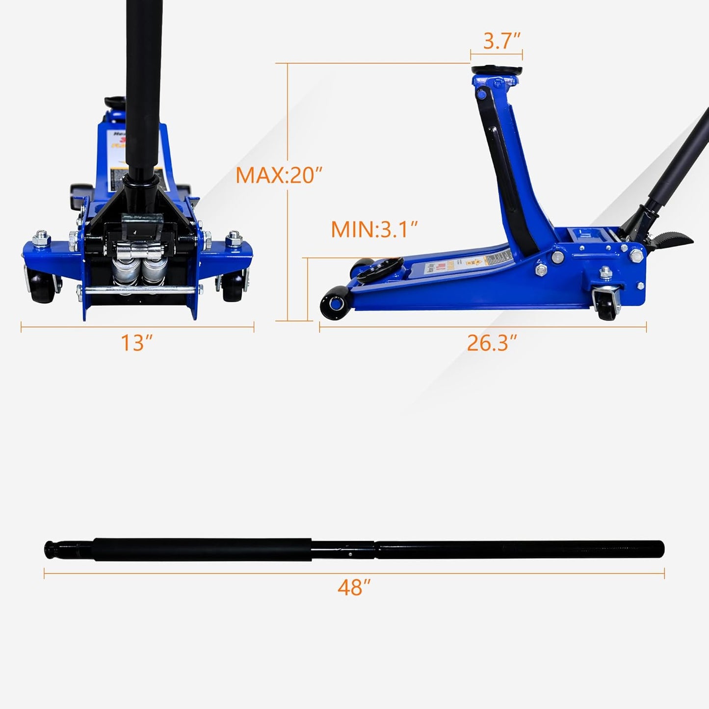 Floor Jack 3Ton/6600lbs.Dual Piston Fast Lifting Pump.Ultra Low Profile Floor Jack with Foot Pedal,Lifting Range 3.1"-20".Heavy Duty Hydraulic Racing Car Jack for MVPs,SUVs and Trucks.Trolley Jack