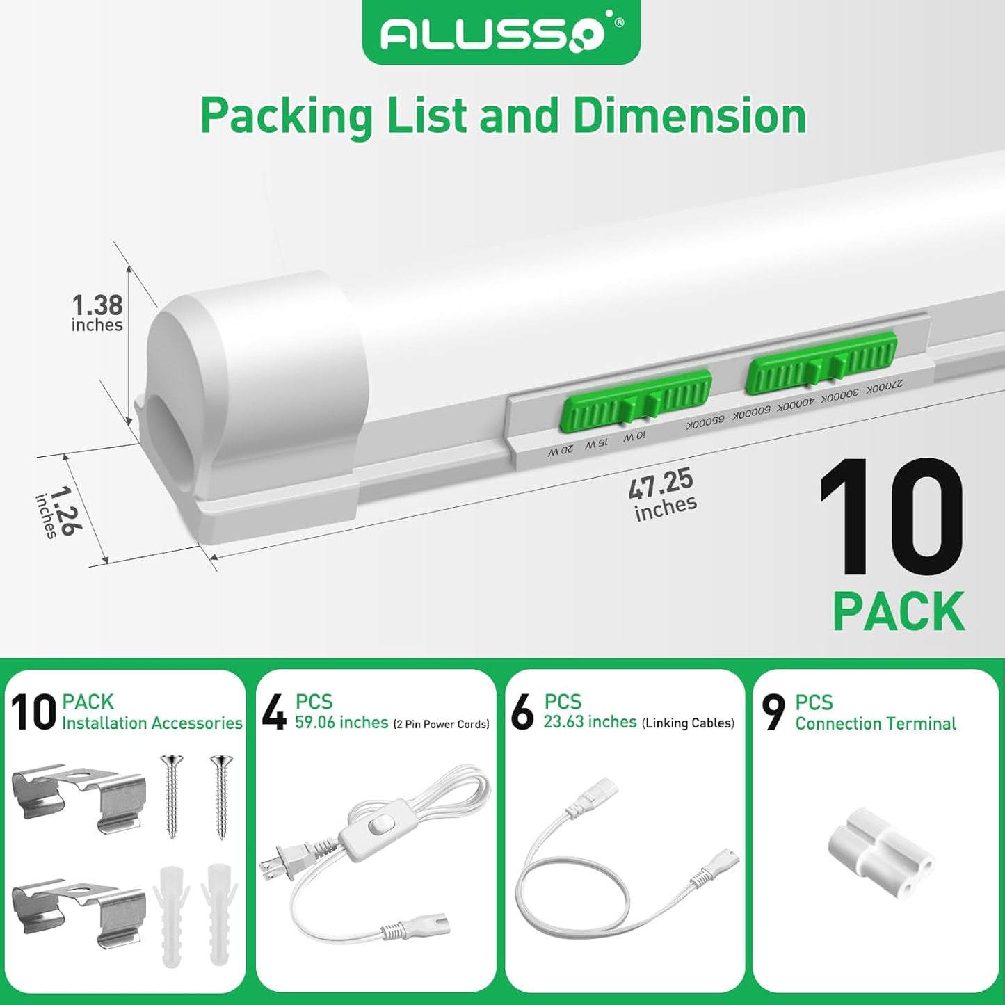 ALUSSO® 4FT LED Shop Lights with 5CCT Selectable for Garage Workshop,2700K/3000K/4000K/5000K/6500K,2100LM,T8 Adjustable Integrated Single Fixture,Corded Electric with ON/Off Switch,10 Pack (T8)