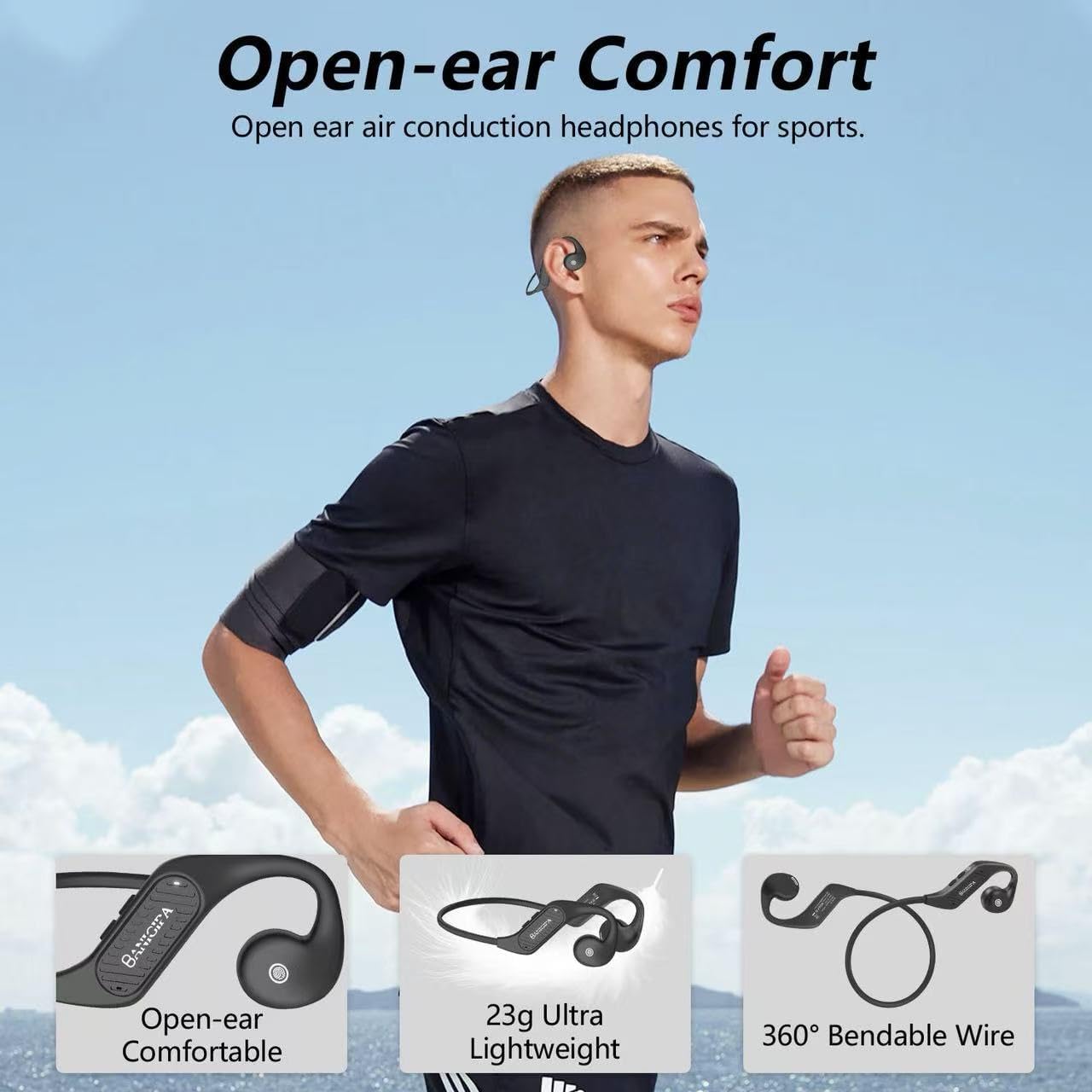 BANIGIPA Open Ear Headphones Wireless Bluetooth, Upgraded 5.3 Bluetooth Headphones with Microphone for Cell Phones, Waterproof Wireless Headset for Running, Cycling, Hiking, Driving,10 Hrs Playtime