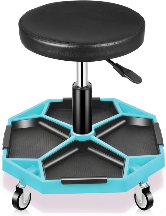 Auto Dynasty Mechanic Stool, Adjustable Rolling Pneumatic Creeper Garage Shop Seat with Tool Tray, 300 LBS Roller Seat for Workshop Auto Repair, Adjustable Height 15.7" to 21", Sky Blue