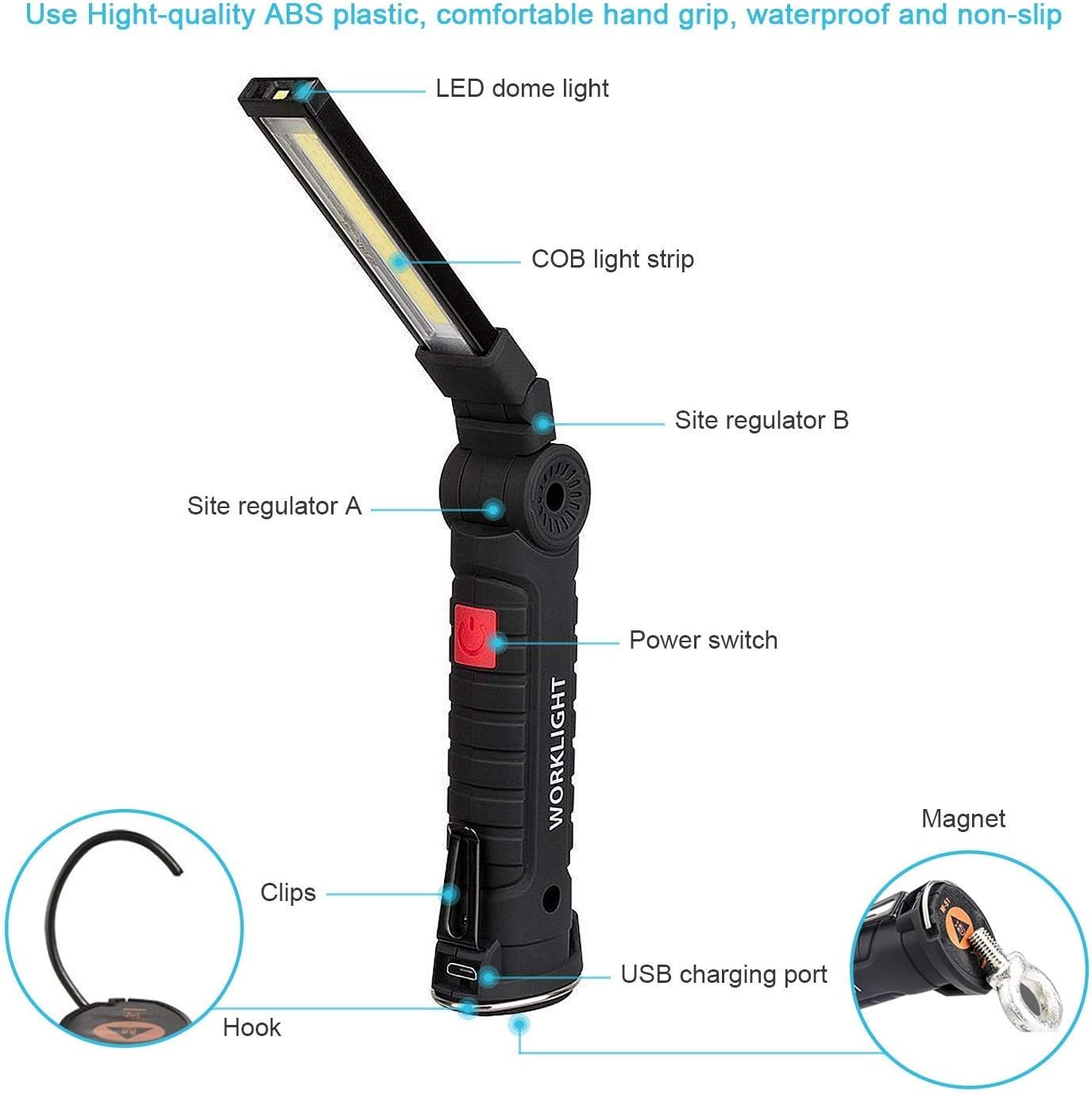 LED Work Light Rechargeable, OTYTY Portable Work Lights with Magnetic Base, 5 Modes, Hanging Hook and Water-Resistant Magnetic LED Light for Car Repair, Emergency Use (2 Pack)