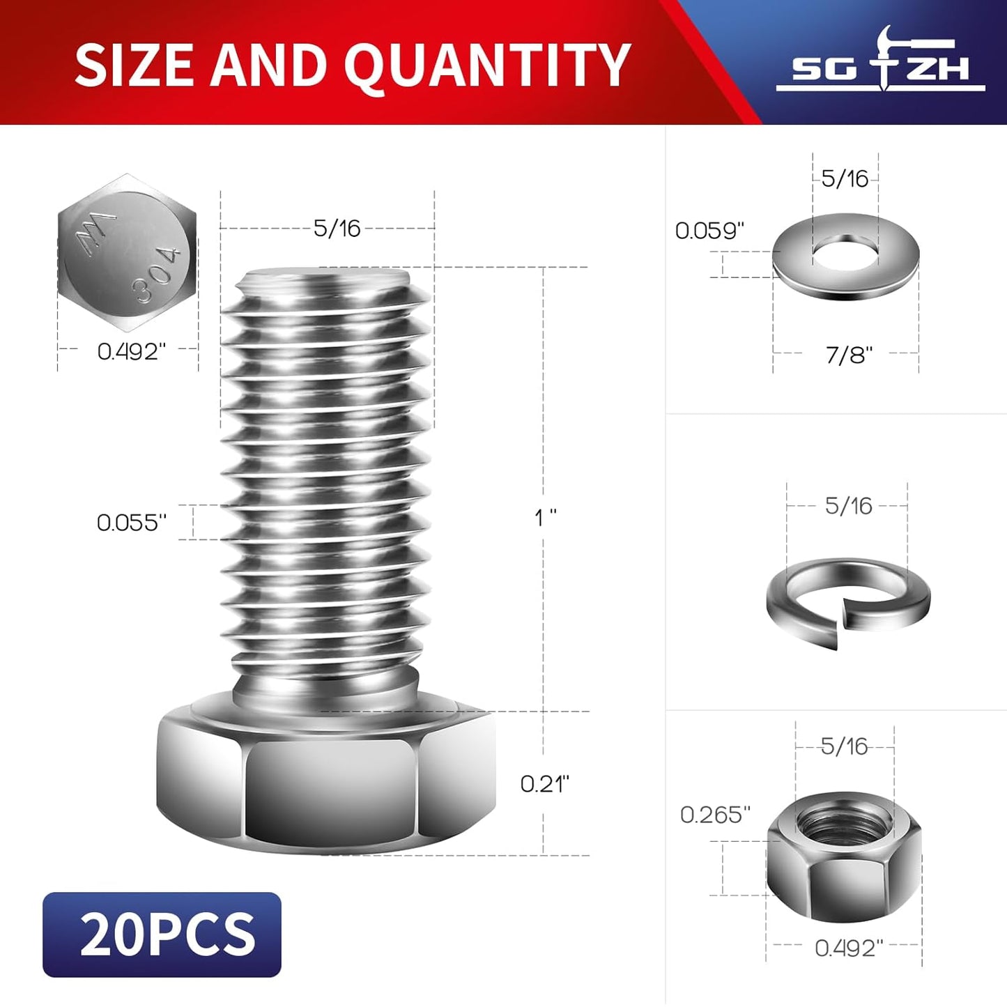 5/16-18 x 1" Hex Head Screw Bolt, Nuts, Flat & Lock Washers, 20Pcs 18-8 (304) Stainless Steel, Fully Threaded, by SG TZH