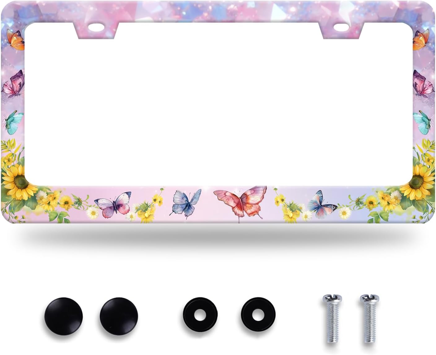 Beautiful Butterfly Sunflower License Plate Frame Yellow Floral License Plate Stainless Steel Funny License Plate Holder for Men Women Colorful Car Accessories Decoration 12.3" x 6.3"