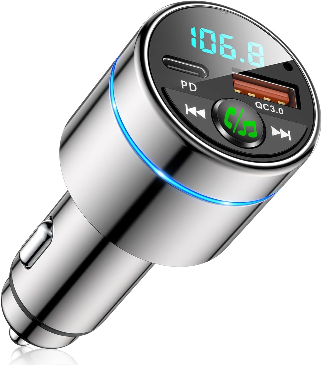 FM Transmitter for Car Bluetooth 5.3, All-Metal PD 20W & QC3.0 18W Fast Charger, Wireless FM Radio Car Kit Bluetooth Adapter, Noise Cancelling Hands-Free Call, Hi-Fi Music, Ring Light