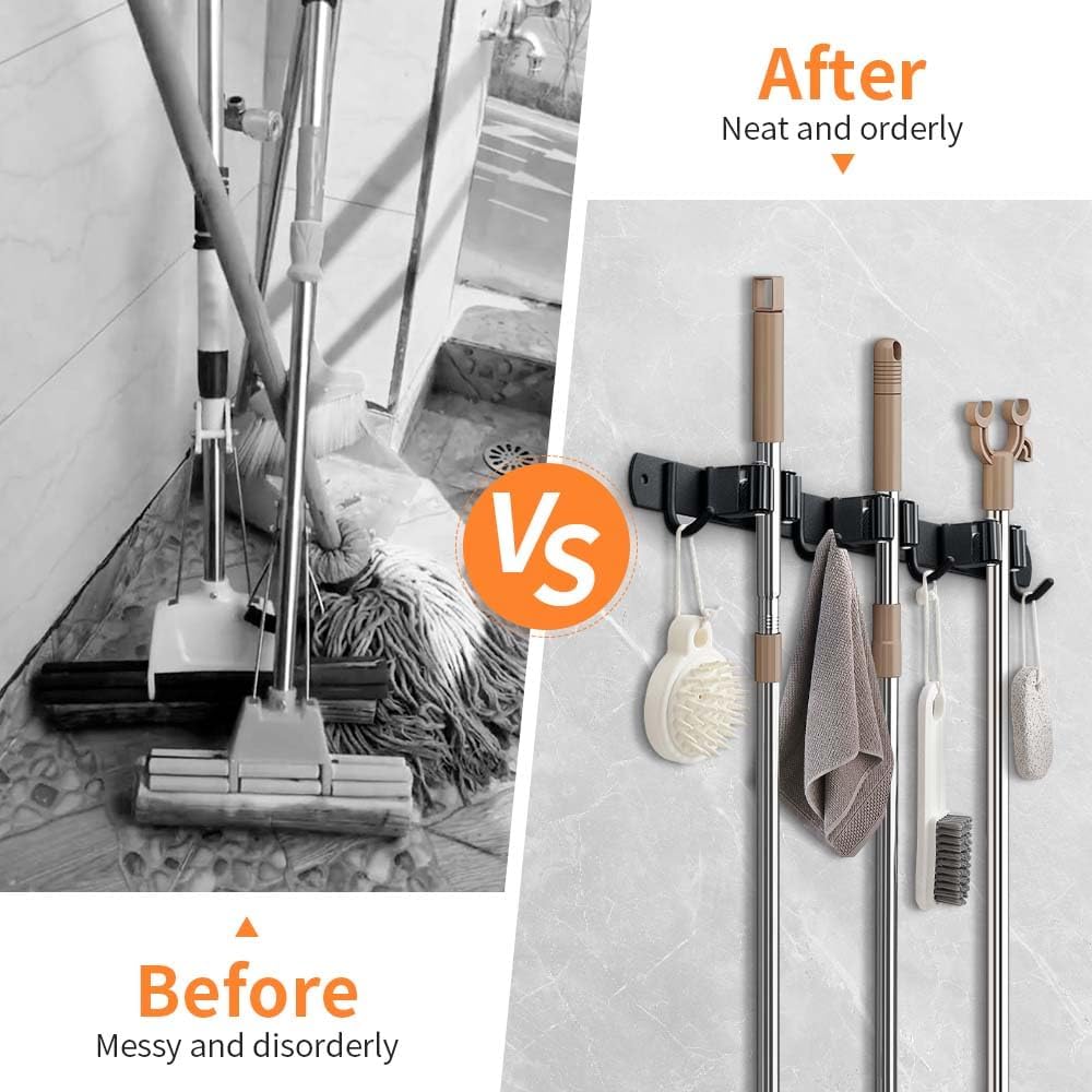 Broom Hanger and Mop Holder, Heavy Duty Garden Tool Organizer Rack Rake and Shovel Handle, Stainless Steel Wall Mounted Utility Rack with Screws (4 Racks with 5 Hooks, Matte Black).