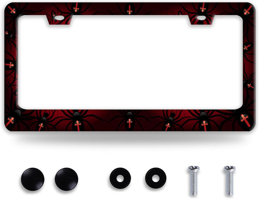 Personalise Bat Spider Web License Plate Frame Red Black License Plate Frames Colorful Auto Accessoies Bracket Stainless Steel License Plate 6.3x12.3 Inch for Women