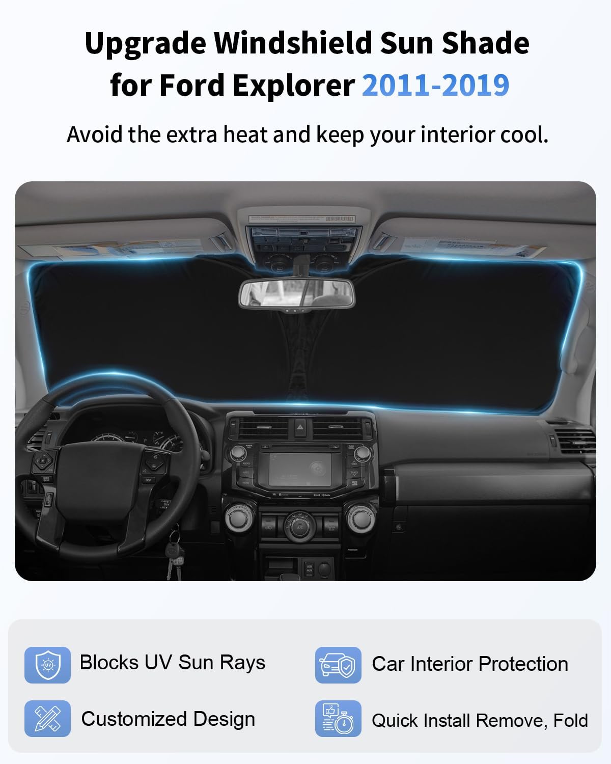 Windshield Sun Shade for 2011-2019 Ford Explorer SUV, ST XLT, Limited, Platinum Accessories Foldable Heat Shield Protector Block UV Ray Keep Your Car Cooler