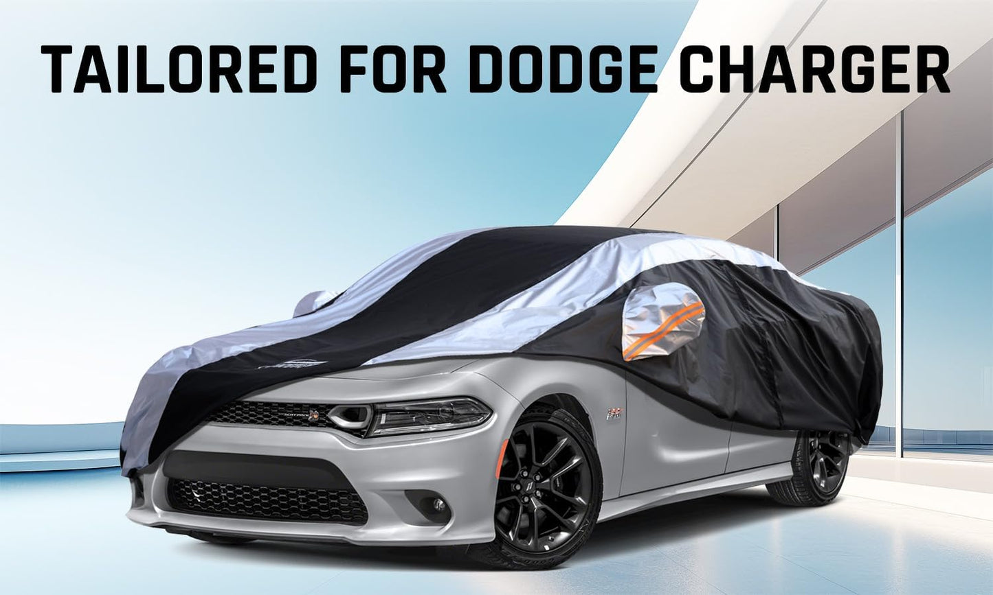 Dodge Charger Car Cover Waterproof All Weather with Silver Strip Design, Custom Fit for Dodge Charger 2006–2023, Charger Accessory with Door Zipper & Windproof Straps