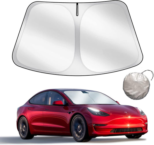 Upgraded Sunshade for Tesla Model 3/Y Windshield, Improved UV Protection Fabric, Metal Frame, Full-Size Foldable Front Sun Shade, Professional Accessories for Tesla Model 3/Y 2016 to 2025