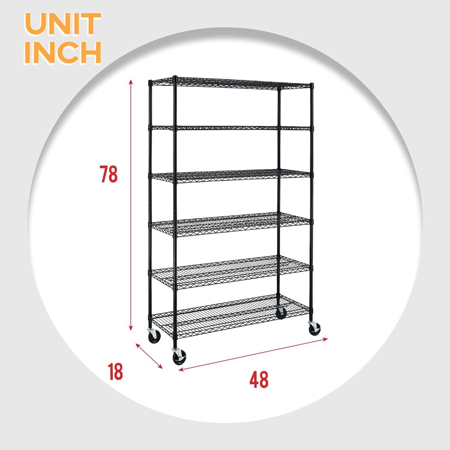 BestOffice NSF Wire Shelving Unit 6-Shelf Large Storage Shelves Heavy Duty Metal Wire Rack Height Adjustable Commercial Grade Utility Storage Rack on 4" Casters 6000LB Capacity 18x48x76,Black